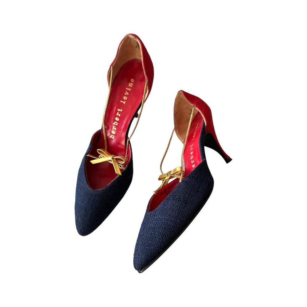 Vintage 1960s Herbert Levine D’Orsay Pumps Red & Navy Gold Chain Heels 7.5B